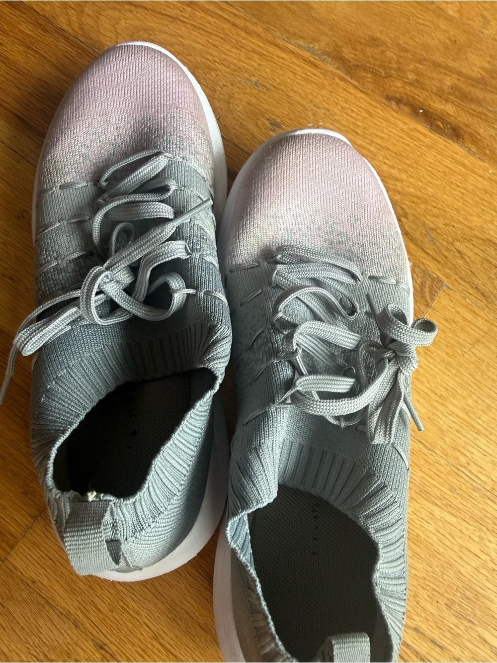 Women’s Light Gray Knit Slip-On Sneakers with Blush Toe